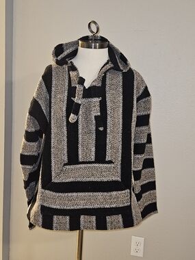 Men's Black and Cream Hooded Baja Drug Rug Sweater